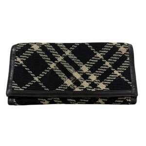 Burberry London Wool Check & Black Leather Continental Wallet Vintage Plaid